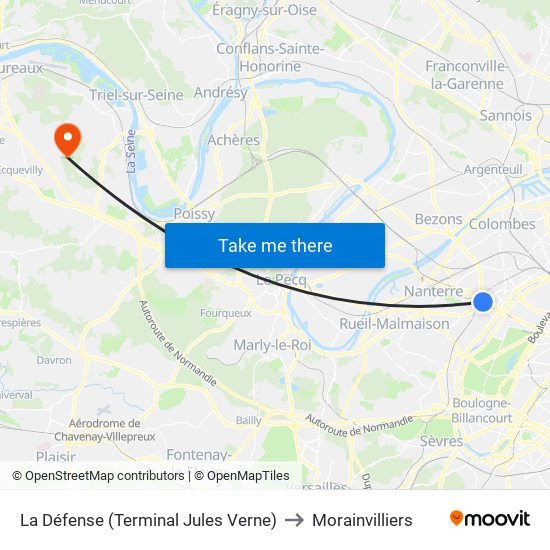 La Défense (Terminal Jules Verne) to Morainvilliers map