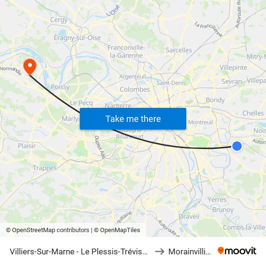 Villiers-Sur-Marne - Le Plessis-Trévise RER to Morainvilliers map