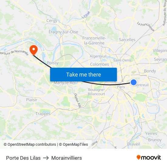 Porte Des Lilas to Morainvilliers map