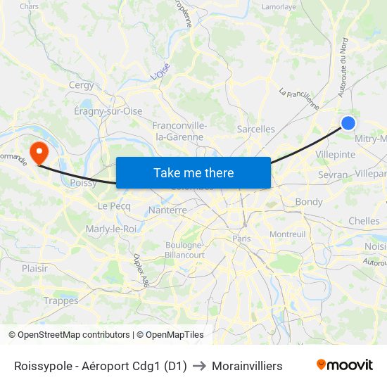 Roissypole - Aéroport Cdg1 (D1) to Morainvilliers map