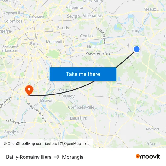 Bailly-Romainvilliers to Morangis map