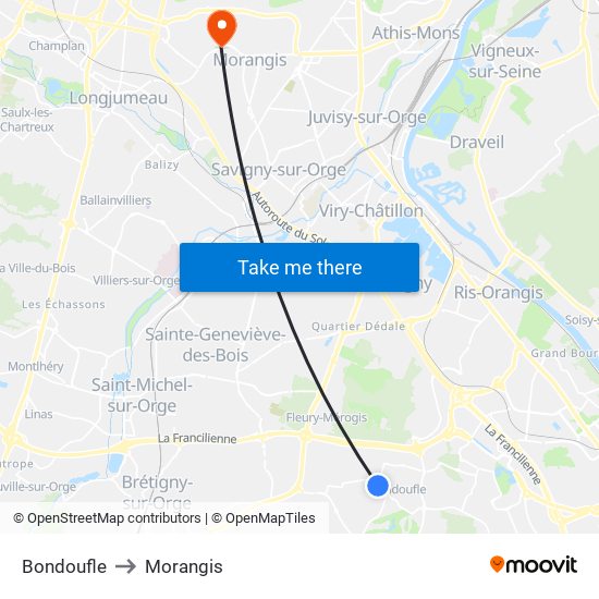 Bondoufle to Morangis map