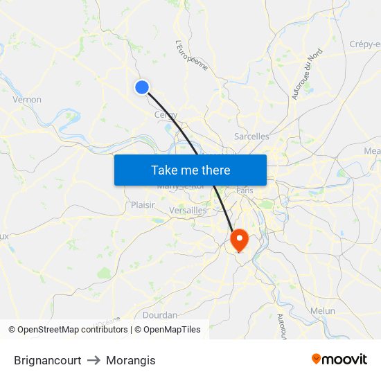 Brignancourt to Morangis map