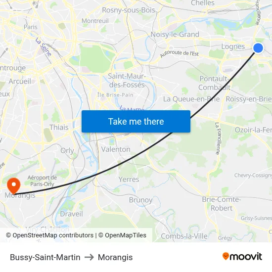 Bussy-Saint-Martin to Morangis map
