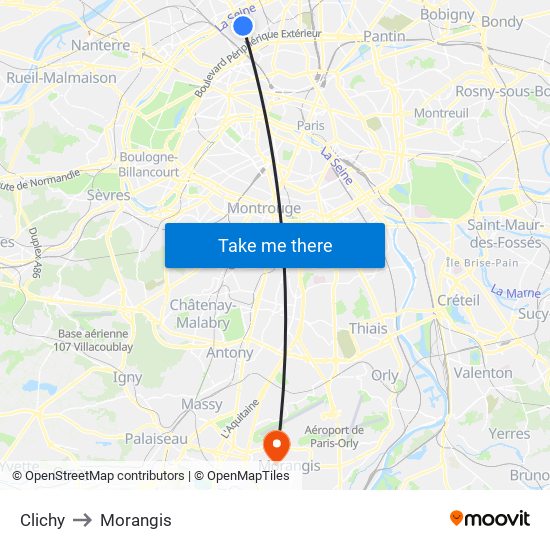 Clichy to Morangis map