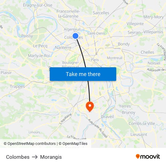 Colombes to Morangis map