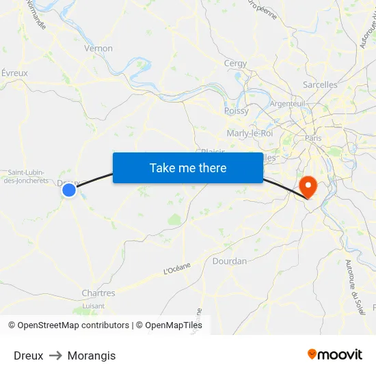 Dreux to Morangis map