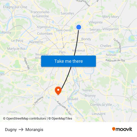 Dugny to Morangis map