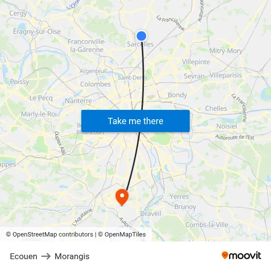 Ecouen to Morangis map