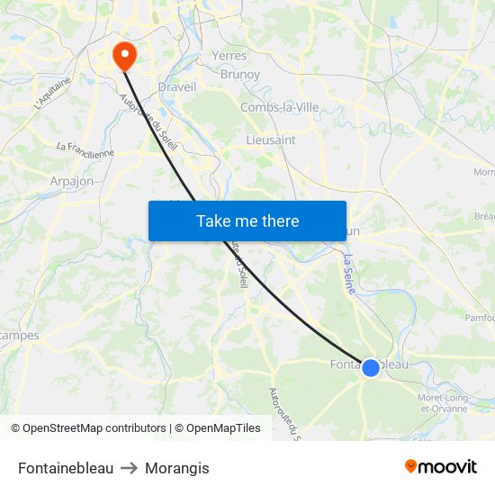 Fontainebleau to Morangis map