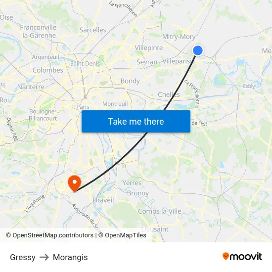 Gressy to Morangis map