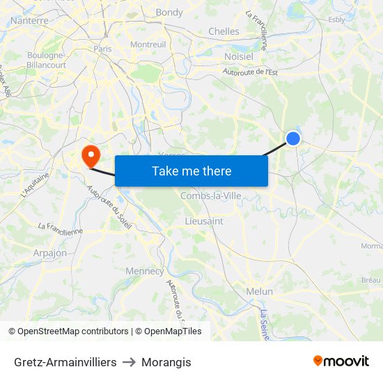 Gretz-Armainvilliers to Morangis map