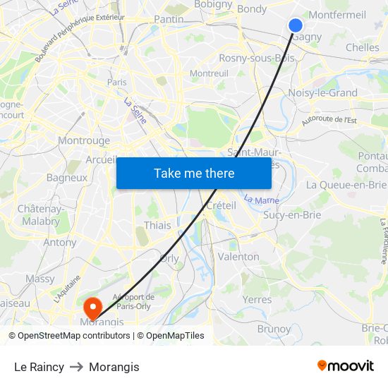 Le Raincy to Morangis map