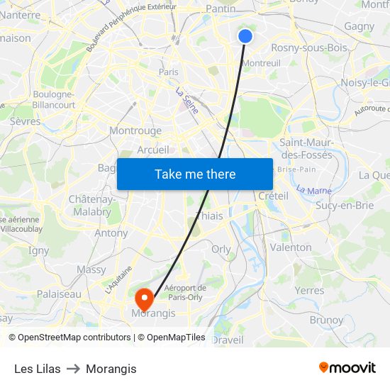 Les Lilas to Morangis map