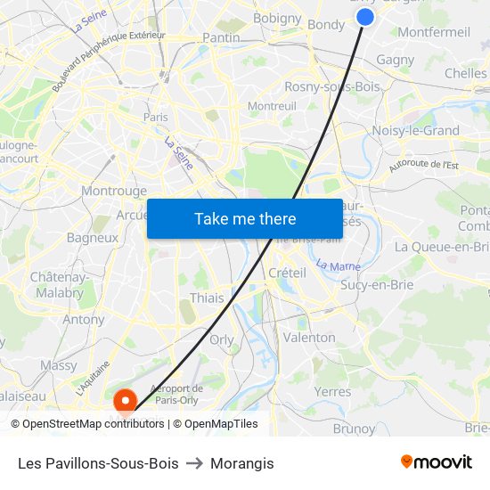 Les Pavillons-Sous-Bois to Morangis map