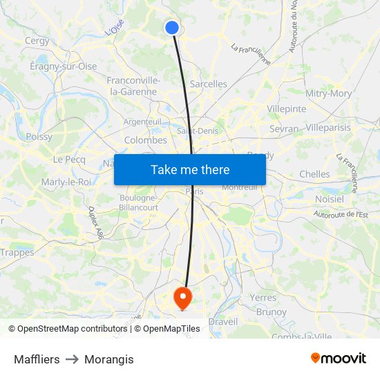 Maffliers to Morangis map