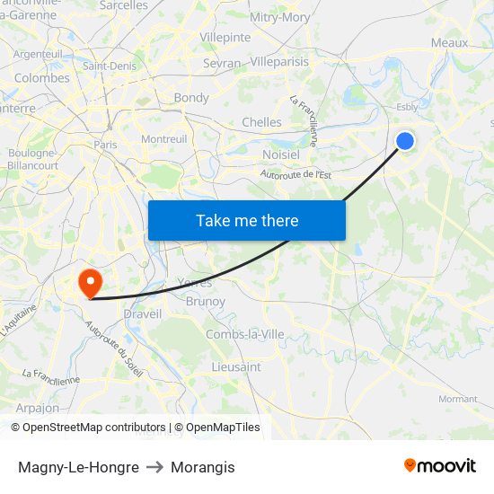 Magny-Le-Hongre to Morangis map