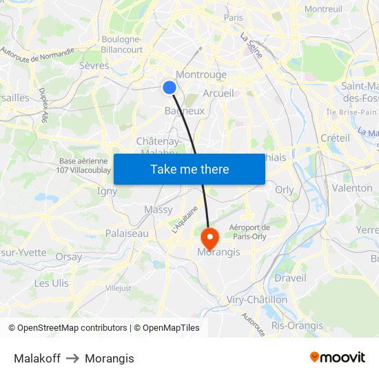 Malakoff to Morangis map