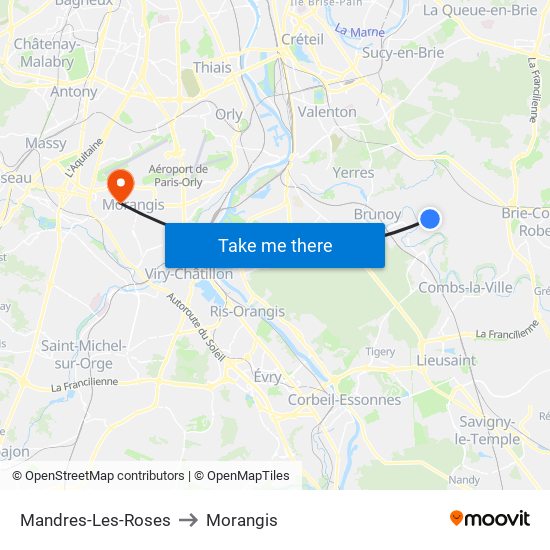 Mandres-Les-Roses to Morangis map