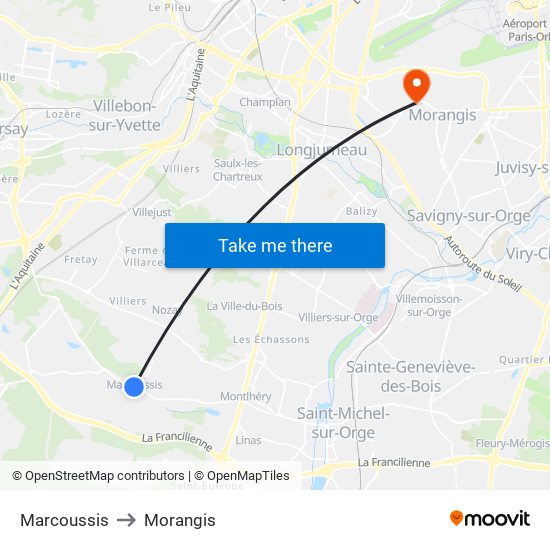 Marcoussis to Morangis map