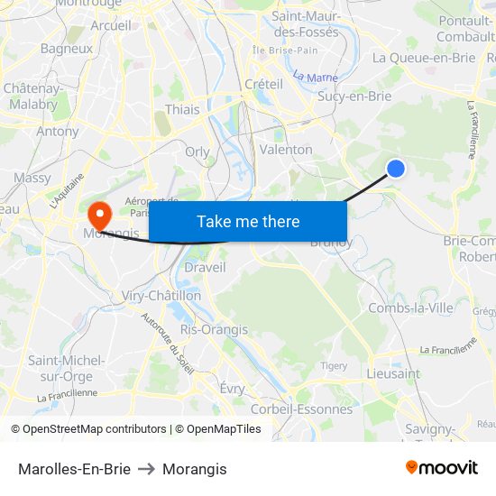Marolles-En-Brie to Morangis map
