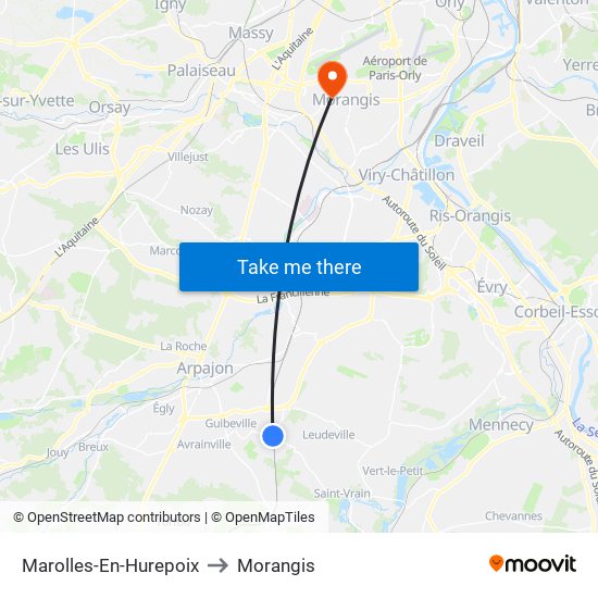Marolles-En-Hurepoix to Morangis map