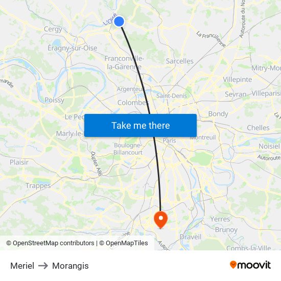Meriel to Morangis map