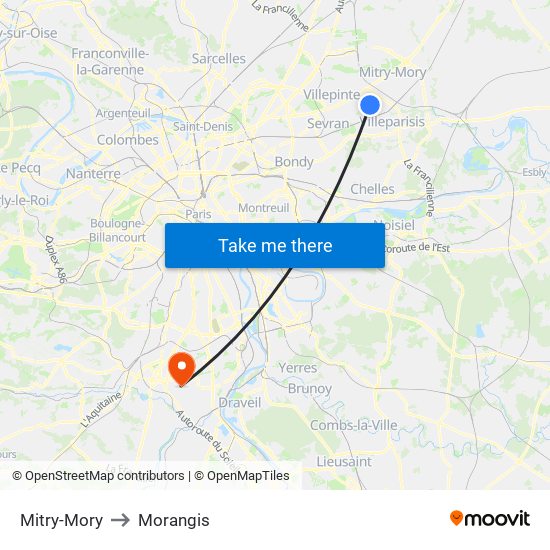 Mitry-Mory to Morangis map