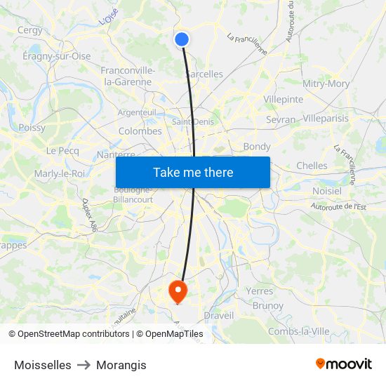 Moisselles to Morangis map