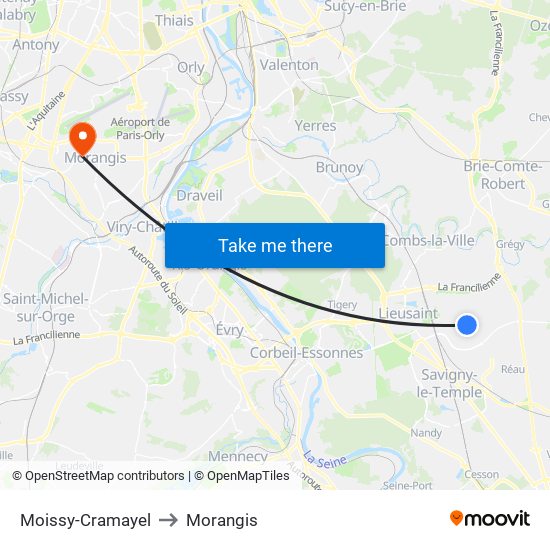 Moissy-Cramayel to Morangis map