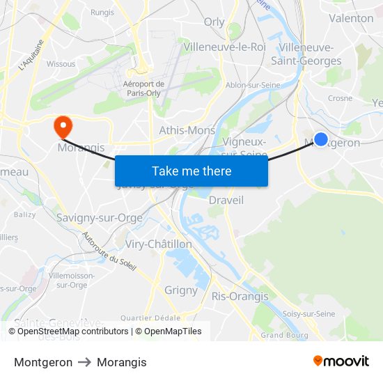 Montgeron to Morangis map