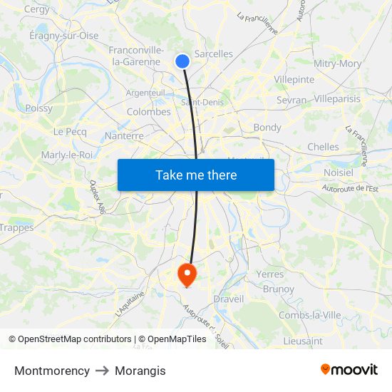 Montmorency to Morangis map