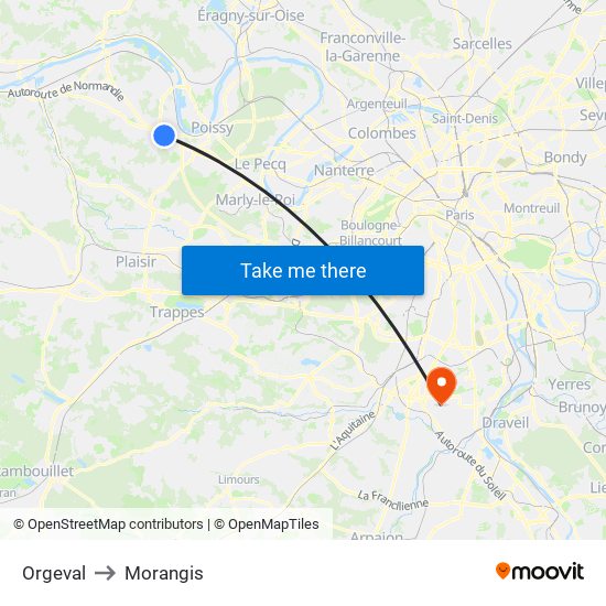 Orgeval to Morangis map