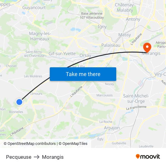 Pecqueuse to Morangis map
