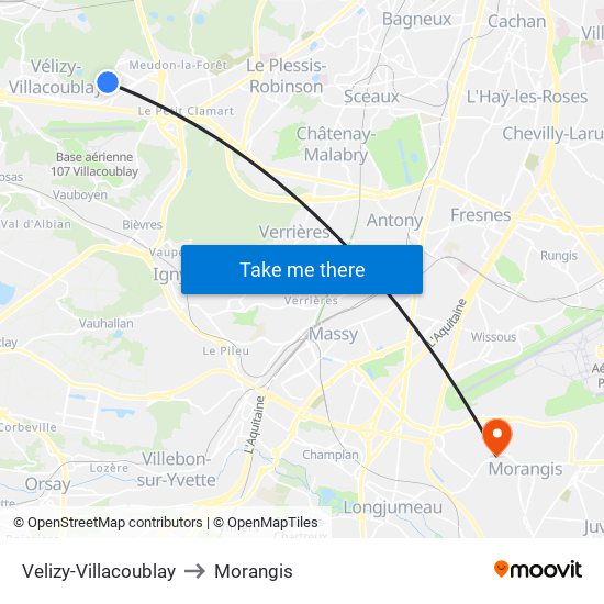 Velizy-Villacoublay to Morangis map