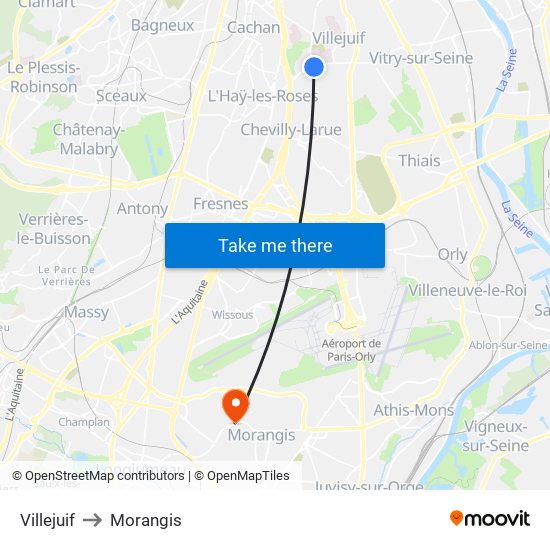 Villejuif to Morangis map