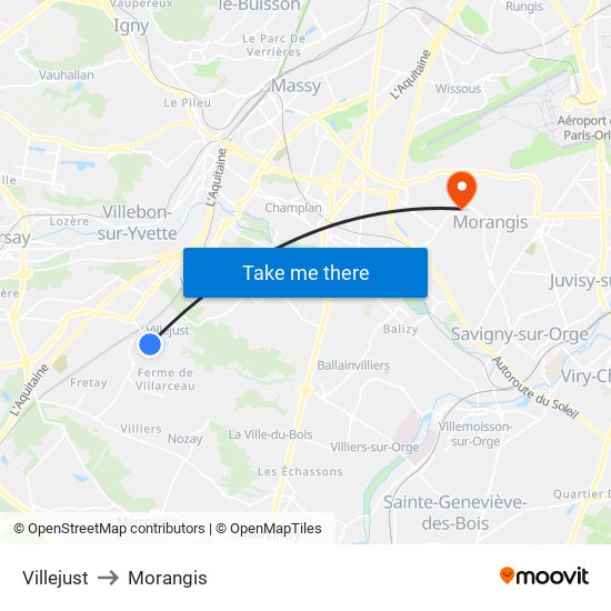 Villejust to Morangis map