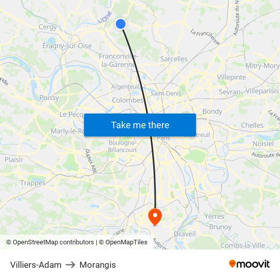 Villiers-Adam to Morangis map