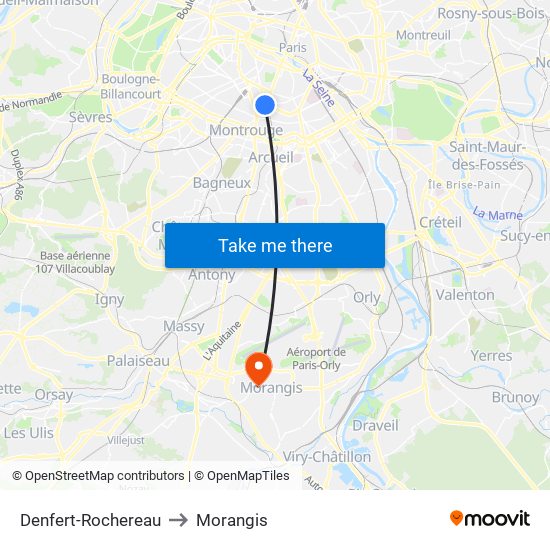 Denfert-Rochereau to Morangis map