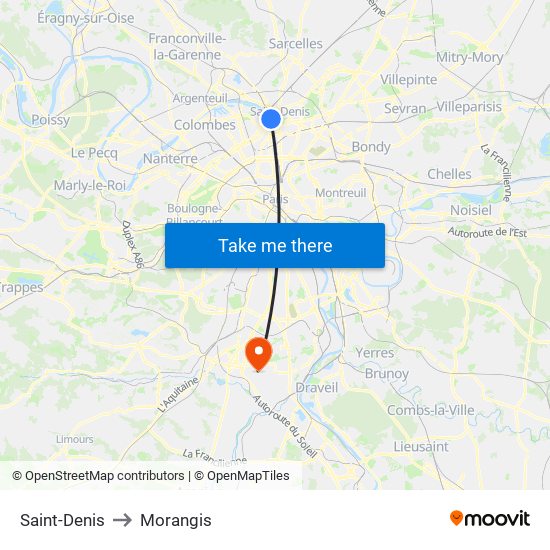 Saint-Denis to Morangis map