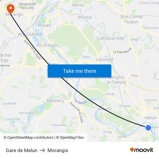 Gare de Melun to Morangis map