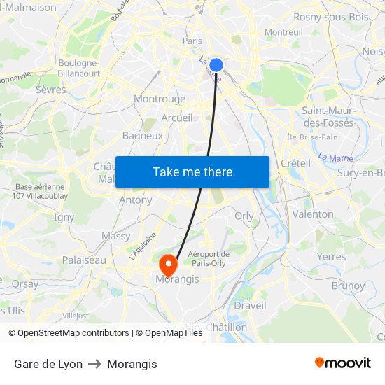 Gare de Lyon to Morangis map