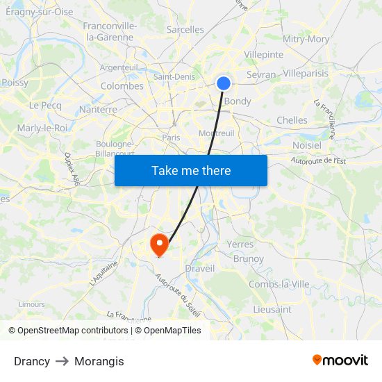 Drancy to Morangis map