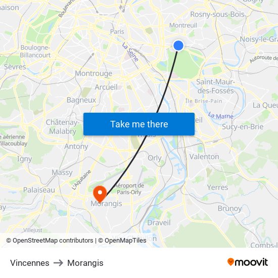 Vincennes to Morangis map