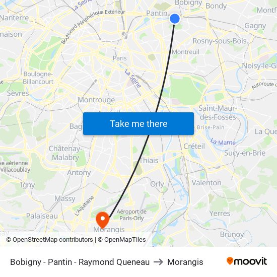 Bobigny - Pantin - Raymond Queneau to Morangis map