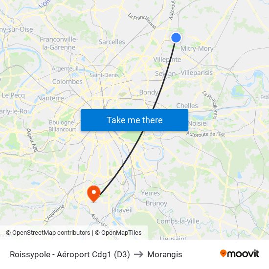 Roissypole - Aéroport Cdg1 (D3) to Morangis map
