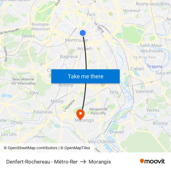 Denfert-Rochereau - Métro-Rer to Morangis map