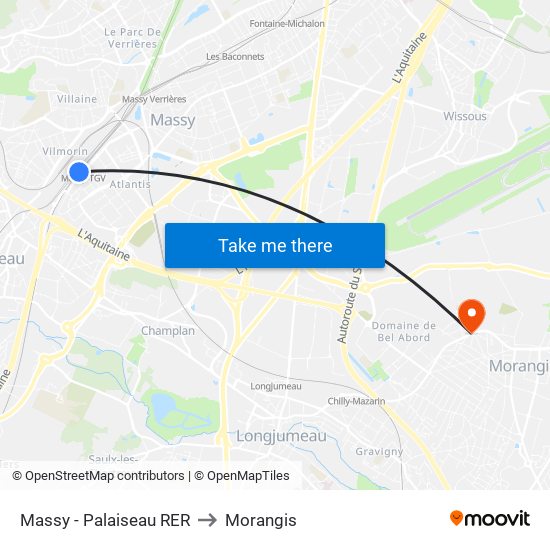 Massy - Palaiseau RER to Morangis map