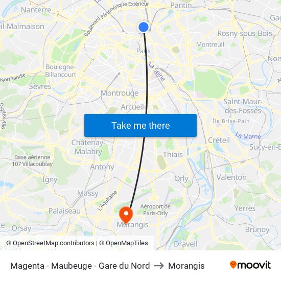 Magenta - Maubeuge - Gare du Nord to Morangis map
