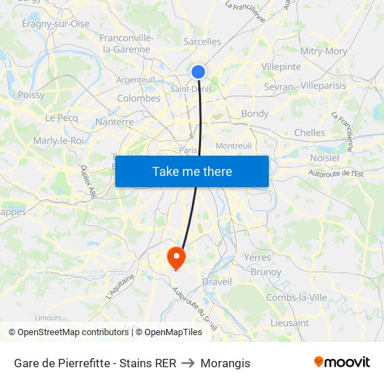 Gare de Pierrefitte - Stains RER to Morangis map
